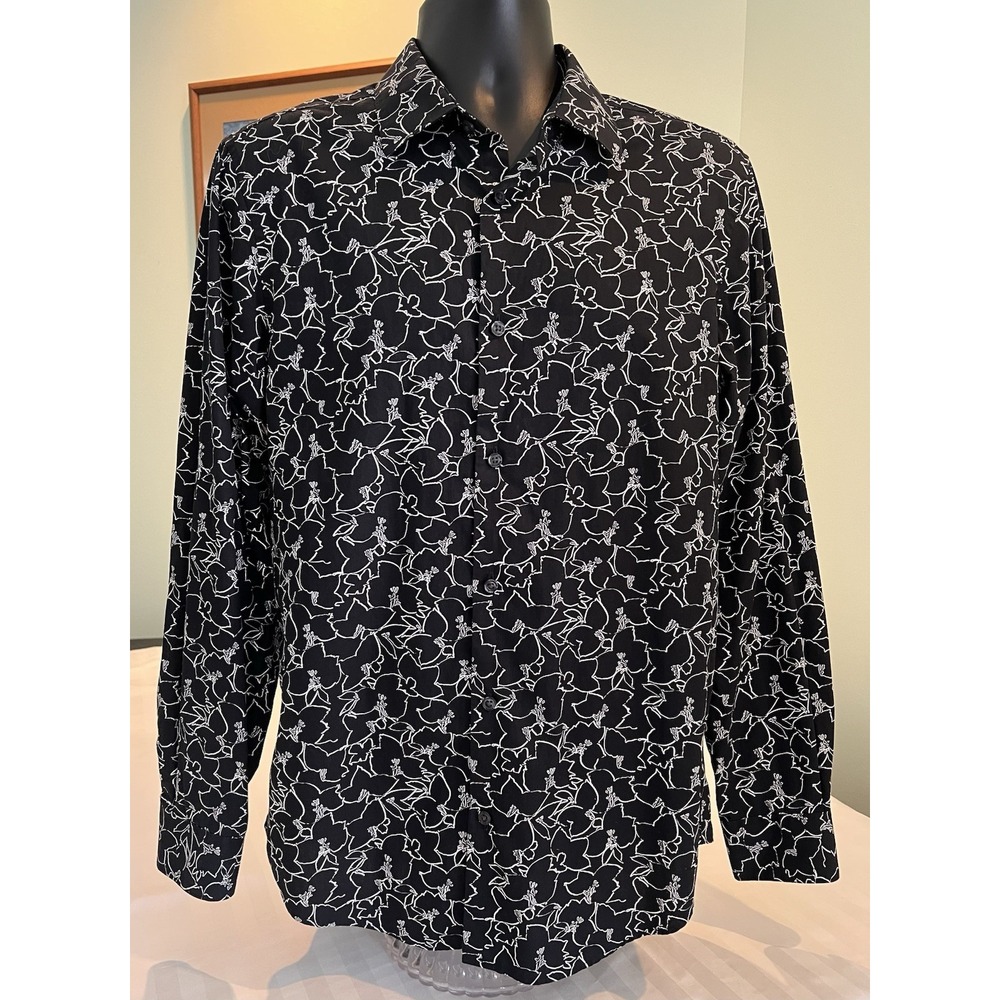 Perry Ellis Shirt Mens M Black White Hawaiian Floral Button Up Long Sleeve